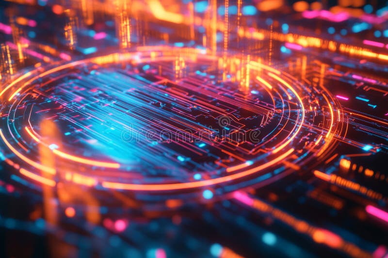 A glowing futuristic quantum circuit board, surrounded by swirling AI-driven energy trails royalty free stock photos