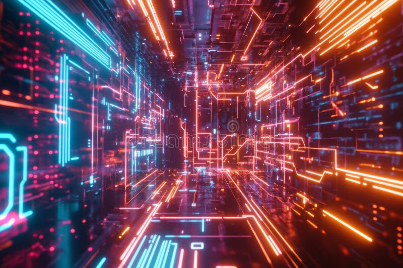 A glowing futuristic quantum circuit board, surrounded by swirling AI-driven energy trails stock image