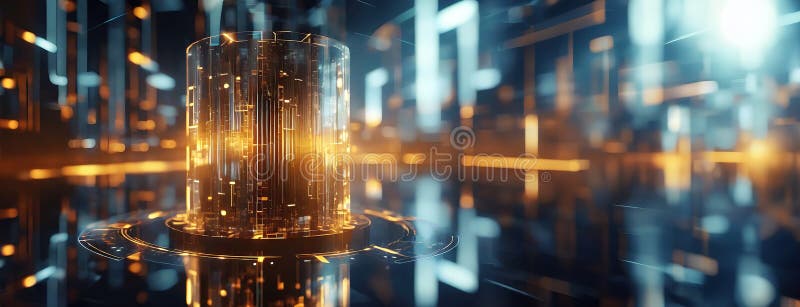 A glowing futuristic quantum computer core surrounded by illuminated digital patterns, representing energy, data, and royalty free stock images