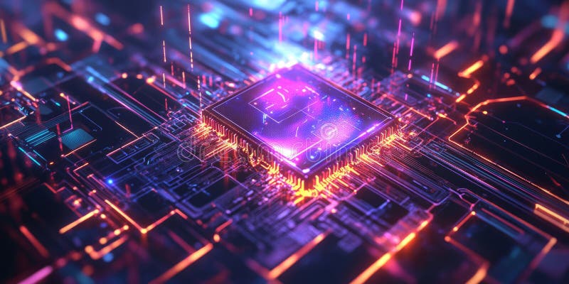 A glowing futuristic quantum processor, surrounded by swirling cybernetic energy streams royalty free stock image