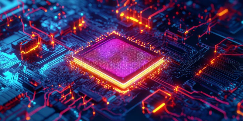 A glowing futuristic quantum processor, surrounded by swirling cybernetic energy streams stock photos