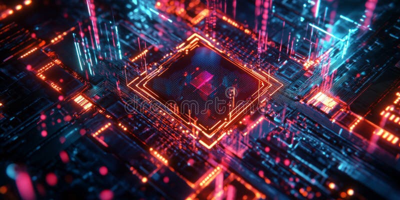 A glowing futuristic quantum processor, surrounded by swirling cybernetic energy streams stock photography
