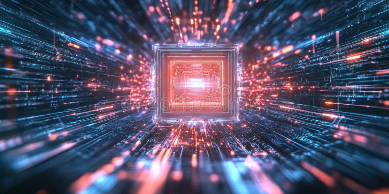 A glowing futuristic quantum processor, surrounded by swirling cybernetic energy streams stock image