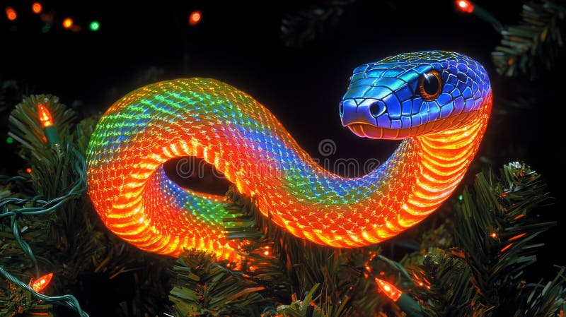 A glowing, futuristic snake in neon blue and pink, highlighted by vibrant bokeh, with Christmas lights adding to the royalty free stock photo
