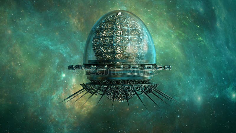 Glowing Futuristic Spacecraft And Nebula Cloud. Cosmic Art, Outer Space, Time Travel stock illustration