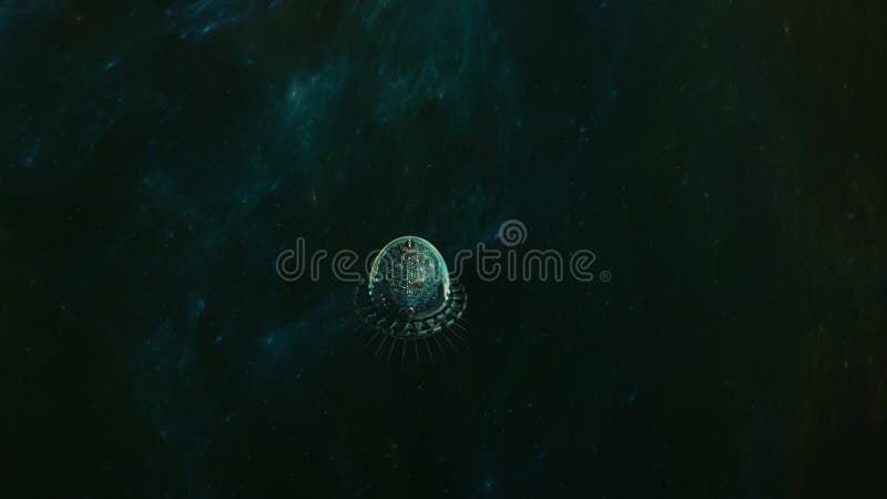 Glowing Futuristic Spacecraft And Nebula Cloud. Cosmic Art, Outer Space, Time Travel stock photography