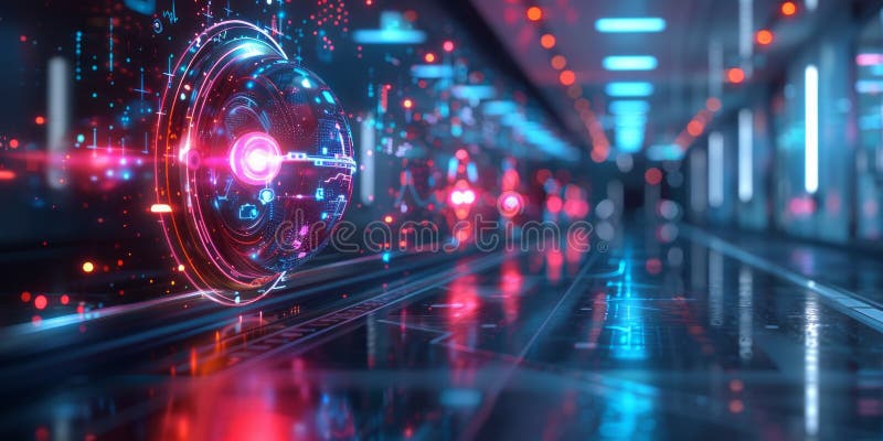 Glowing futuristic sphere with digital interfaces hovering in a high-tech corridor, symbolizing advanced innovation stock photos