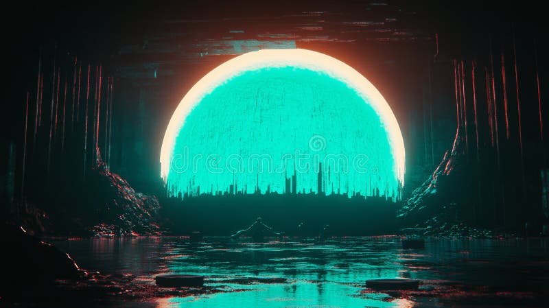A glowing, futuristic sun emerges over a dark blue, rippling ocean under a deep blue sky, generating a captivating and royalty free stock image