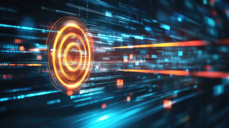 Glowing futuristic tech interface with neon lights and digital patterns stock images
