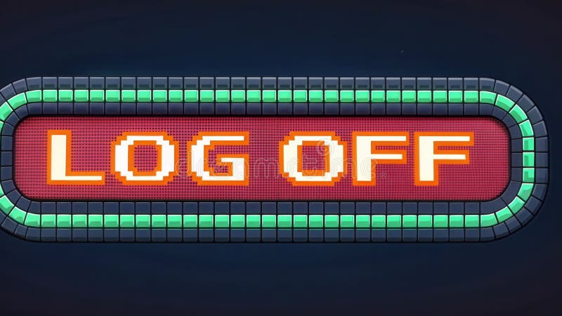 Glowing Gateway A large pixelated Log Off button rendered in vibrant 8bit colors pulses with a radiant glow. The button stock illustration