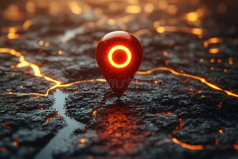 Futuristic Geolocation Marker on Molten Lava Terrain for Digital Mapping Design Generative AI royalty free illustration