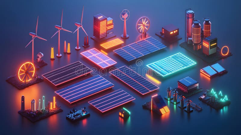 Glowing Geometric Shapes Representing Clean Energy Concepts stock illustration