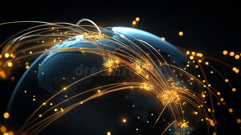 A glowing globe with golden lines connecting different points on the surface representing a global network connection This royalty free illustration