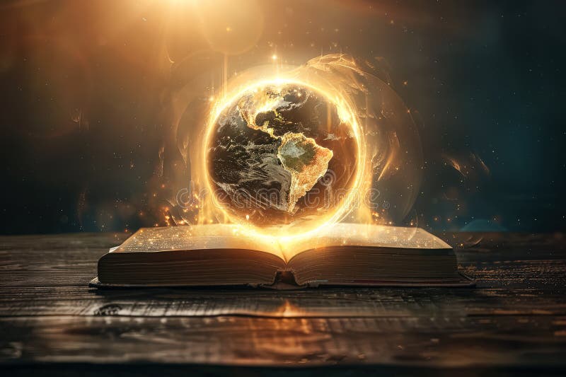 Glowing globe is inside of an open book stock photography