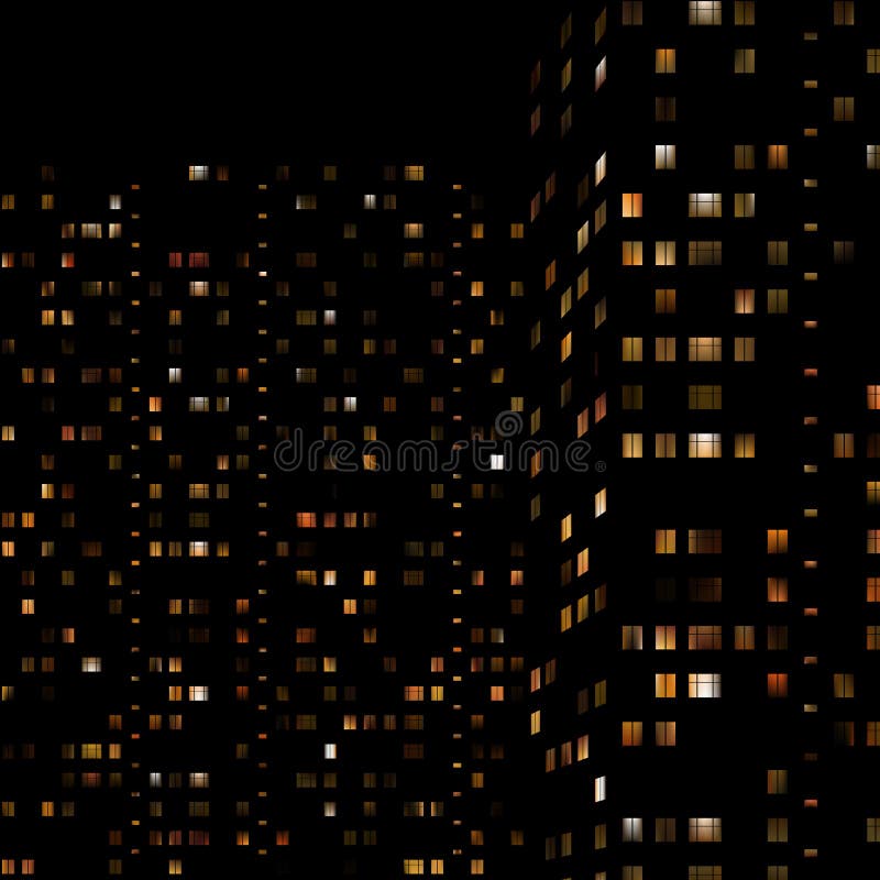 Glowing windows of buildings, stars in night sky. View from window on city  night landscape. Light of the windows in tall buildings, starry sky.  Abstract background, wallpaper. Vector illustration Stock Vector