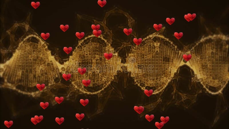 Glowing golden DNA double helix spanning width in 3D render, floating red heart icons scattering stock video