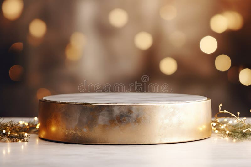 Glowing Golden Platform for Product Presentation. Elegant Table Display A shimmering decoration on a golden platform, illuminated for celebration. Close-up of a glowing, festive scene