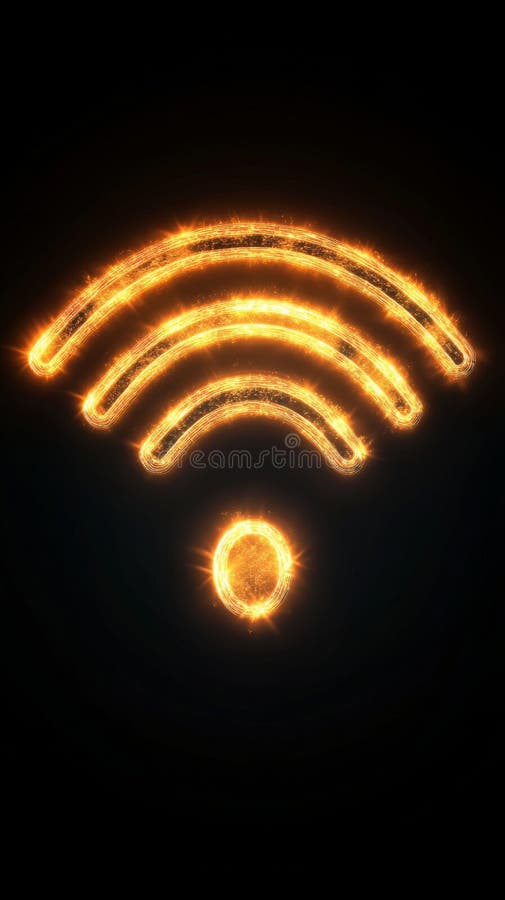 Glowing golden wifi symbol on black background, illuminated digital communication. Futuristic technology and royalty free stock photography
