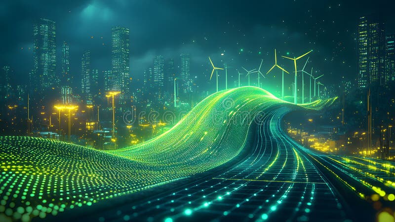 Glowing Green Abstract Wave Energy in a Cityscape stock illustration