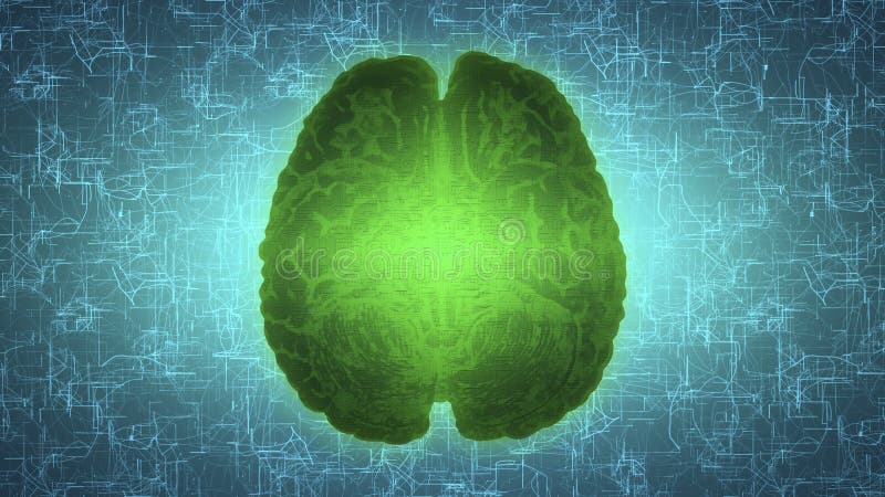 Glowing green brain wired on neural surface or electronic conductors royalty free illustration
