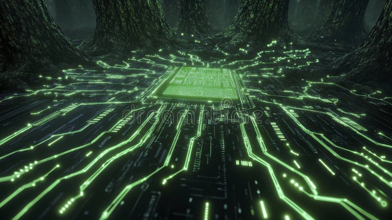 Glowing Green Circuit Board Abstract Digital Landscape royalty free illustration