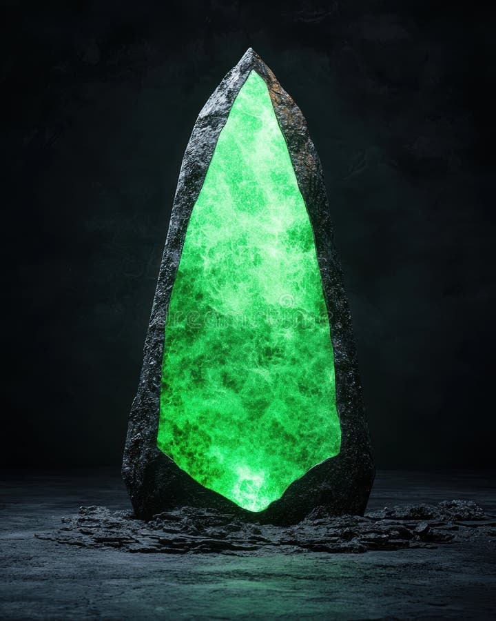 Glowing green crystal obelisk in dark environment stock illustration