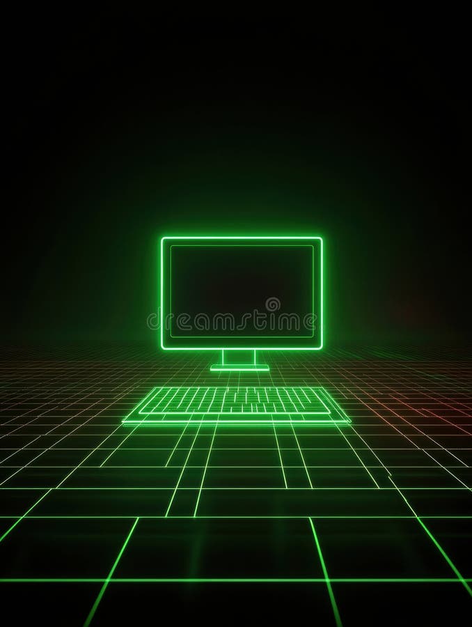 Glowing green lines form a network grid with a simple monitor icon, representing digital support and connectivity in an royalty free stock photos