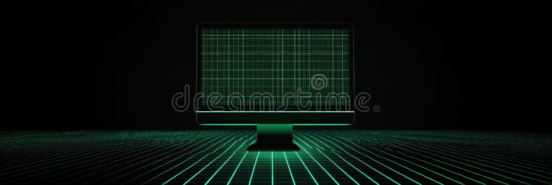 A glowing green network grid extends from a simple monitor icon, representing digital support and connectivity in a dark royalty free stock image