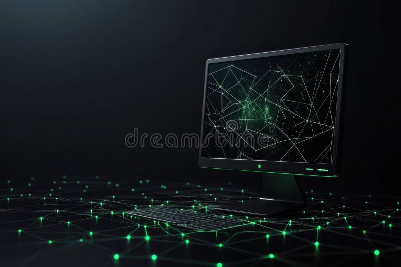 A glowing green network grid surrounds a simple monitor icon, representing digital support and enhanced connectivity in royalty free stock photos