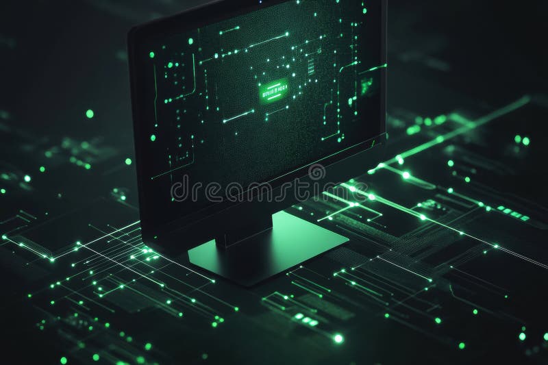 A glowing green network grid surrounds a simple monitor icon, representing the essence of digital support and seamless royalty free stock image