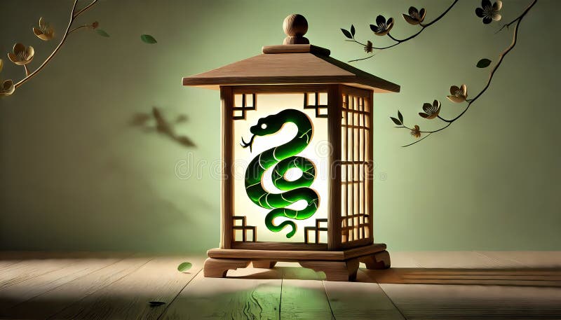 A glowing green snake silhoutte, wraps around a wooden lantern, shadows and scattered cherry blossom petals, backgrounds royalty free stock image