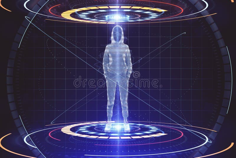 Glowing Hacker hologram standing in blue teleportation station. Future technologies concept. 3D Rendering