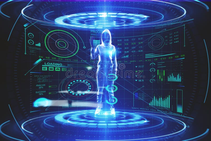 Glowing hacker hologram with stock chart royalty free illustration