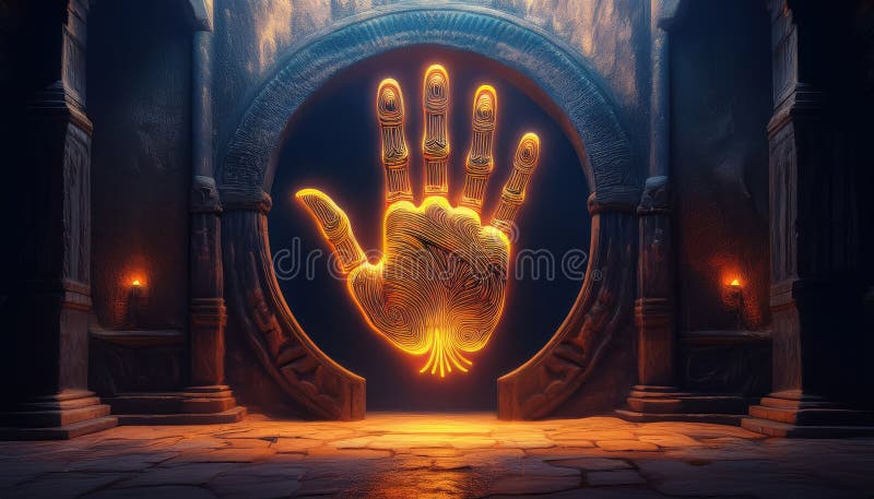 Enchanted doorway reveals glowing hand in royalty free stock photography