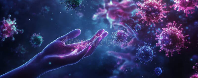 A glowing hand reaching towards floating virus particles in a digital representation of infection and biotechnology royalty free stock photos