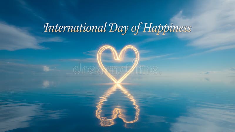 A glowing heart shape on a calm blue ocean with a cloudy sky stock illustration