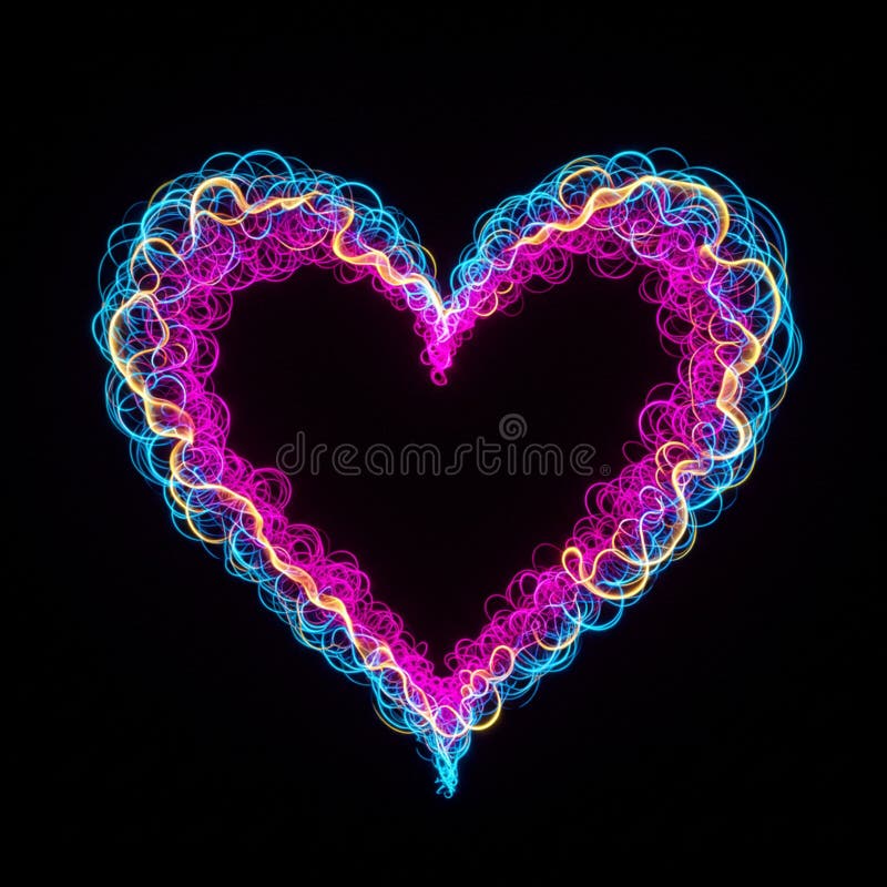 A glowing heart shape composed of vibrant, swirling neon lines set against a black stock illustration