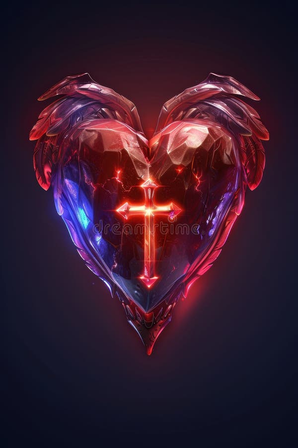 Glowing heart-shaped crystal with cross royalty free illustration