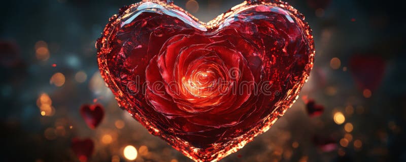 A glowing heart-shaped rose made of shimmering petals in deep red, with a soft light source royalty free stock image