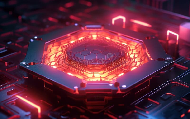 Glowing Hexagon Circuit Board. created by generative artificial intelligence. Close-up of a glowing hexagon circuit board with intricate details and red lights.