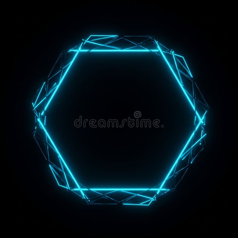 A glowing hexagonal frame made of interconnected blue neon light tubes displays a stock illustration
