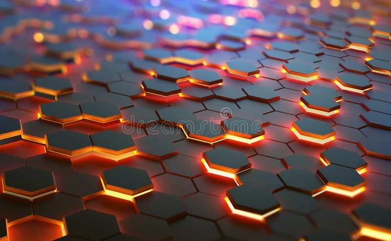 Glowing hexagons in abstract technological 3D illustration. The concept of a quantum computer stock illustration