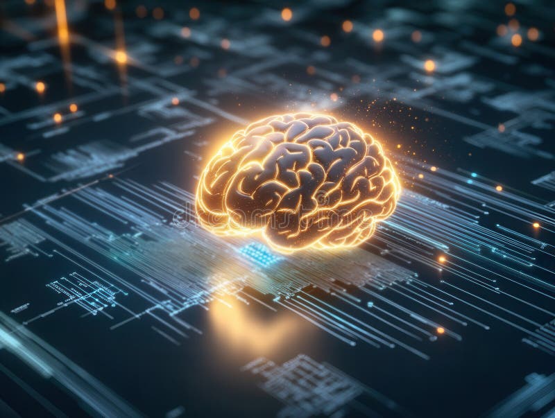 Glowing human brain processing data on futuristic circuit board royalty free stock images