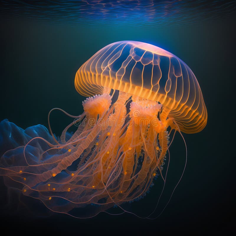 Glowing Jellyfish Chrysaora Pacifica Underwater Stock Illustration