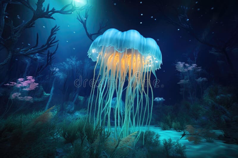 Glowing jellyfish floating near a coral reef at night vector illustration