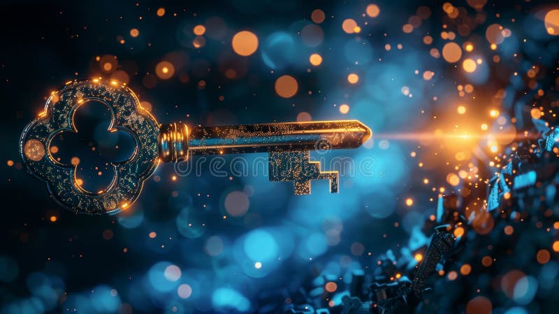 Glowing key on a digital background, symbolizing cybersecurity, encryption, technology, digital access, security stock photography
