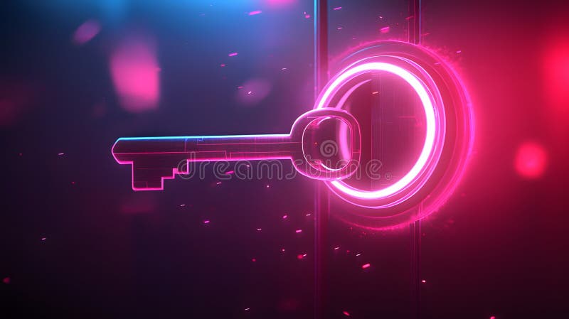 Glowing Key Inserted Into Digital Lock. A vibrant glowing key is inserted into a digital lock, symbolizing secure access and modern technology. The neon colors create a captivating visual experience Generated By AI