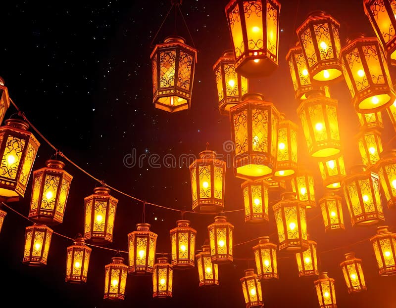 Glowing Lanterns Nattscen Starry Sky Festive Decor royaltyfri bild