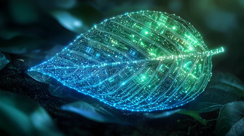 Glowing Leaf with Futuristic Technology Elements royalty free illustration