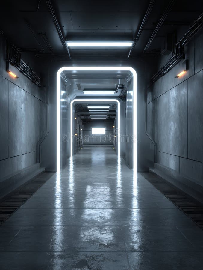 Glowing LED Sign Mockup in a Futuristic Corridor Ready for Custom Text Display royalty free stock image